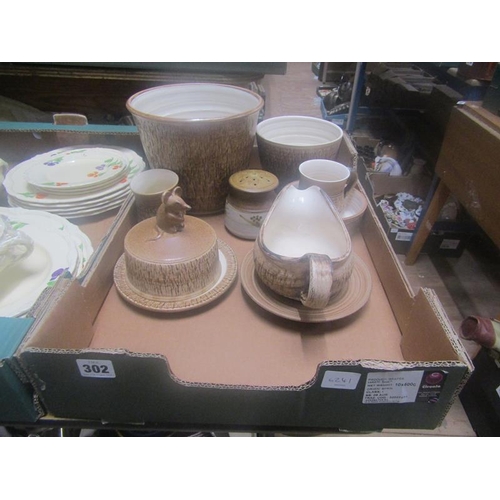 302 - BOX OF STUDIO POTTERY - JUGS, PLANTERS ETC