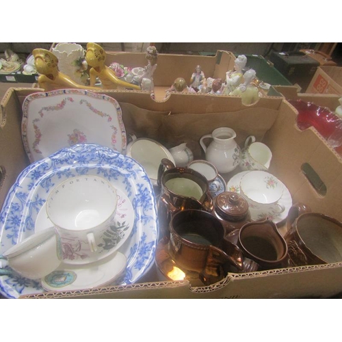 304 - BOX OF MIXED CERAMICS - TEAWARES, COPPER LUSTRE WARES ETC