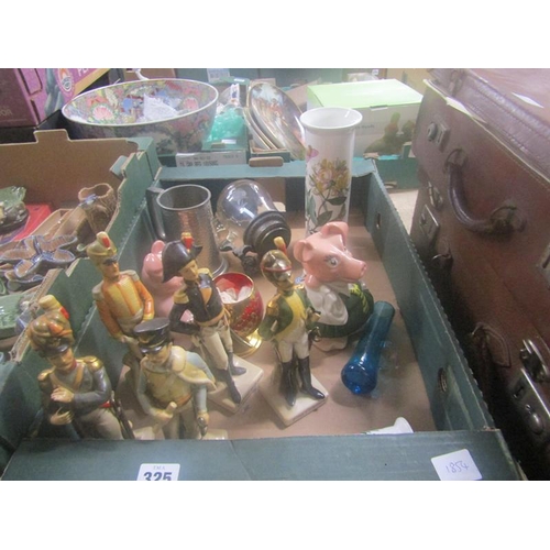 325 - BOX TO INCL STEIN, MILITARY PORCELAIN FIGURES, PORT MERION VASE ETC