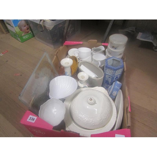 336 - BOX OF MIXED TEAWARES, TABLEWARES ETC