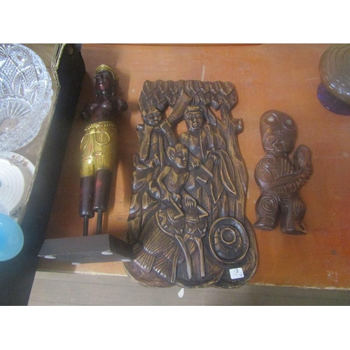 366 - ETHNIC CARVED WOODEN PLAUE; TWO WOODEN FIGURES