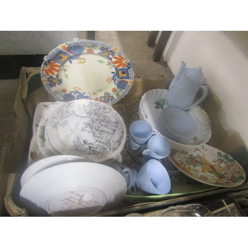 383 - BOX OF MIXED GLASS, PLATES, TEAWARES