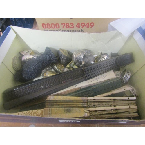 408 - BOX OF MISC TO INCL FANS, BRASS FIGURES ETC