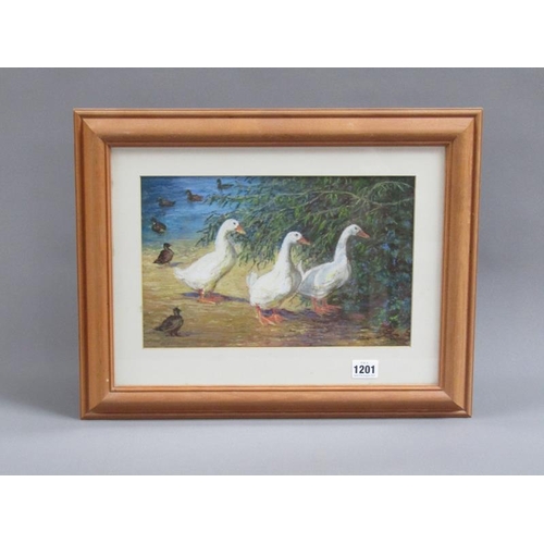 1201 - JEAN WILLIS -  DUCKS AND GEESE AT DEDHAM, MIXED MEDIA, F/G, 20CM X 32CM