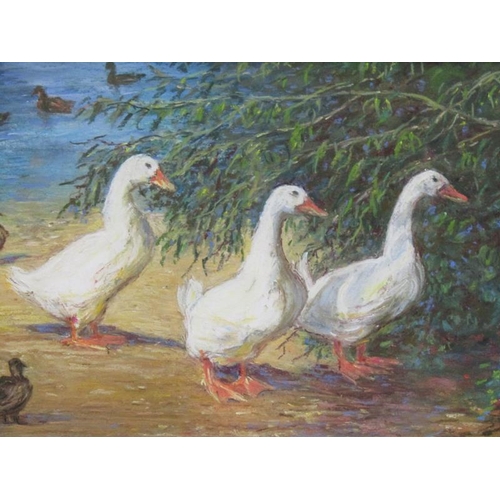 1201 - JEAN WILLIS -  DUCKS AND GEESE AT DEDHAM, MIXED MEDIA, F/G, 20CM X 32CM