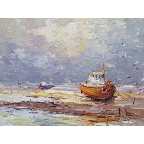 1202 - WALTER BERZINS - AFTER THE STORM, PALETTE KNIFE OIL ON BOARD, FRAMED, 30CM X 38CM