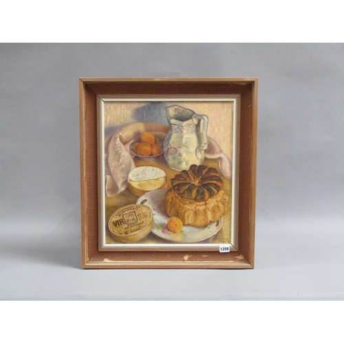 1208 - - LAWRENCE JUNE 73 - STILL LIFE, BREAD AND FRUIT, SIGNED AND DATED, OIL ON CANVAS, FRAMED, 45CM X 40... 