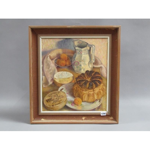 1208 - - LAWRENCE JUNE 73 - STILL LIFE, BREAD AND FRUIT, SIGNED AND DATED, OIL ON CANVAS, FRAMED, 45CM X 40... 