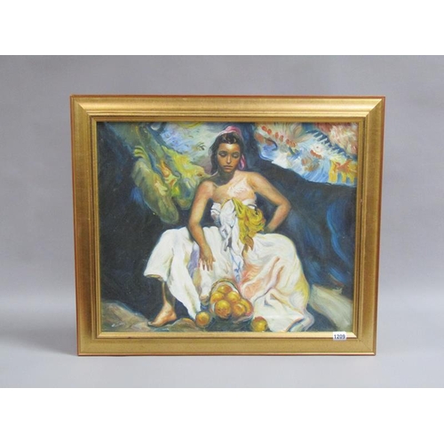 1209 - RICKI - PORTRAIT OF A LADY WITH A BASKET OF ORANGES, SIGNED, OIL ON CANVAS, FRAMED, 50CM X 60CM