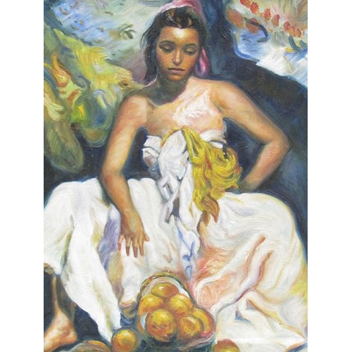 1209 - RICKI - PORTRAIT OF A LADY WITH A BASKET OF ORANGES, SIGNED, OIL ON CANVAS, FRAMED, 50CM X 60CM