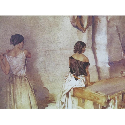 1212 - WILLIAM RUSSEL FLINT - LADIES IN A KITCHEN SETTING, COLOURED PRINT, F/G, 26CM X 44CM