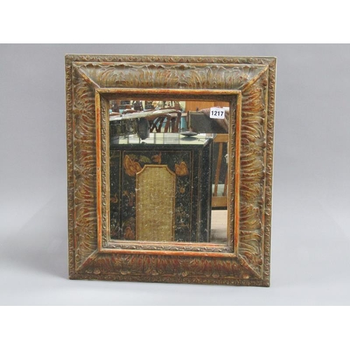 1217 - EARLY 19C GILT WOOD AND STUCCO WALL MIRROR WITH REPLACEMENT GLASS, 52CM X 46CM