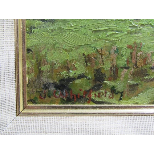 1219 - J WHITFIELD - CATTLE IN MEADOW CLOSE TO A RIVER, SIGNED OIL ON BOARD, FRAMED, 29CM X 40CM