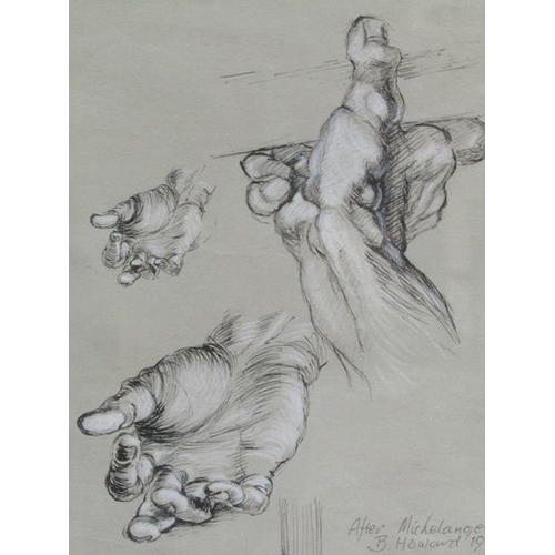 1220 - BYRON HOWARD, AFTER MICHELANGELO - THE HAND, PENCIL SKETCH, SIGNED, FRAMED, 26CM X 21CM