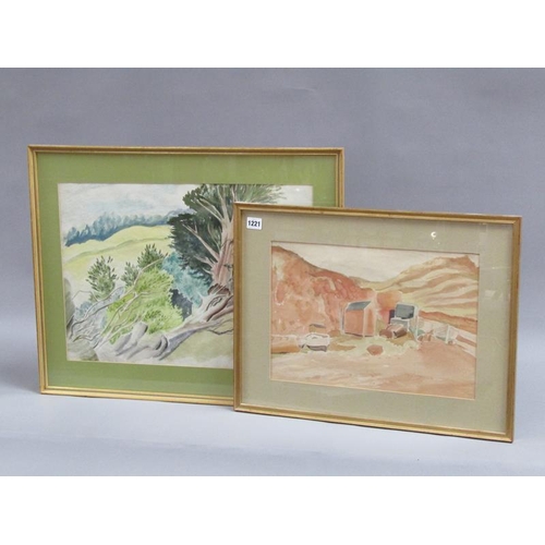 1221 - TWO PAINTINGS - GUY MALET - BEACH HUTS & FALLEN TREE, WATERCOLOURS, F/G, 28CM X41CM & 34CM X 48CM