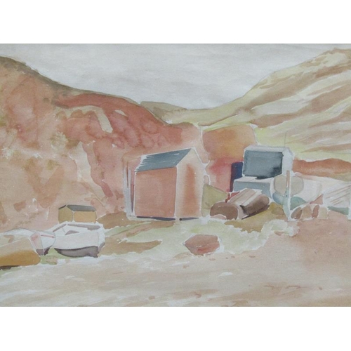 1221 - TWO PAINTINGS - GUY MALET - BEACH HUTS & FALLEN TREE, WATERCOLOURS, F/G, 28CM X41CM & 34CM X 48CM