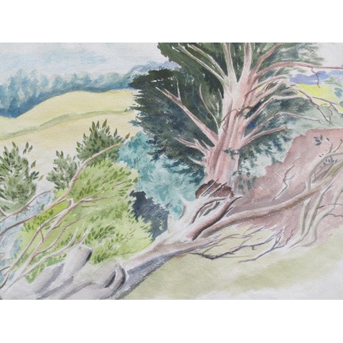 1221 - TWO PAINTINGS - GUY MALET - BEACH HUTS & FALLEN TREE, WATERCOLOURS, F/G, 28CM X41CM & 34CM X 48CM