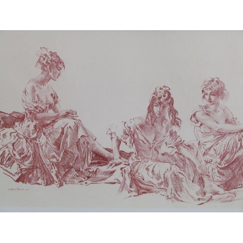 1224 - WILLIAM RUSSEL FLINT - SEPIA PRINT OF THREE SEATED LADIES, SIGNED, F/G, 32CM X 60CM