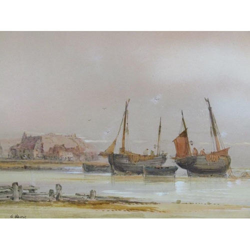 1226 - E LEWIS - FISHING BOATS BEACHED AND PREPARING FOR THE EVENEING TIDE, SIGNED WATERCOLOUR, F/G, 22CM X... 