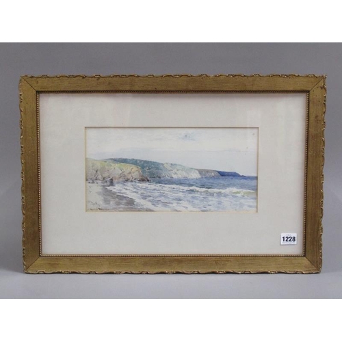 1228 - WARNE BROWNE - COASTAL SCENE WITH DISTANT CLIFFS, SIGNED WATERCOLOUR, F/G, 17CM X 34CM