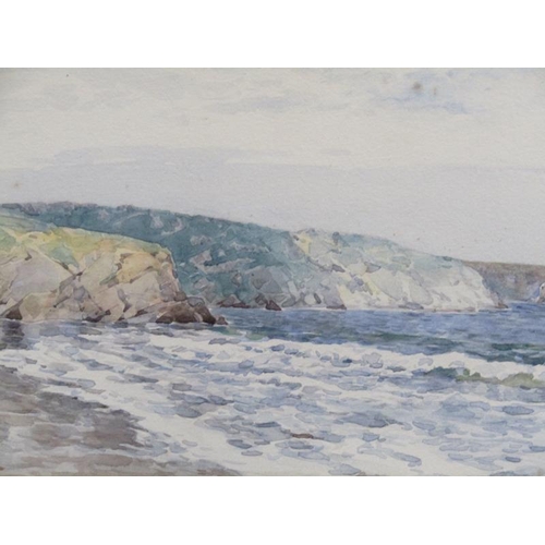 1228 - WARNE BROWNE - COASTAL SCENE WITH DISTANT CLIFFS, SIGNED WATERCOLOUR, F/G, 17CM X 34CM