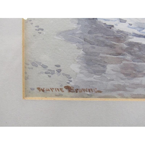 1228 - WARNE BROWNE - COASTAL SCENE WITH DISTANT CLIFFS, SIGNED WATERCOLOUR, F/G, 17CM X 34CM