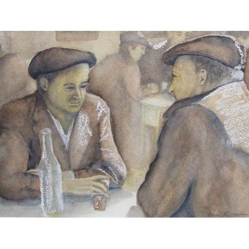 1229 - ERIN RICHARDSON - AS SERIOUS DISCUSSION, SIGNED WATERCOLOUR, F/G, 17CM X 26CM