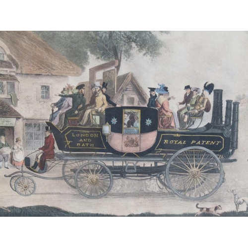 1231 - 19C COLOURED PRINT - THE NEW STEAM CARRIAGE 1828, F/G, 40CM X 53CM