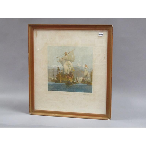 1232 - NORMAN WILKINSON - THE GALLEON, SIGNED IN PENCIL, COLOURED PRINT, F/G, 38CM X 38CM