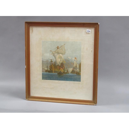 1232 - NORMAN WILKINSON - THE GALLEON, SIGNED IN PENCIL, COLOURED PRINT, F/G, 38CM X 38CM