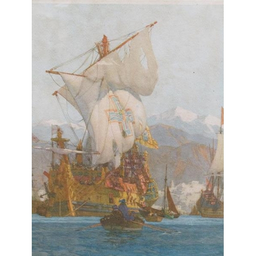 1232 - NORMAN WILKINSON - THE GALLEON, SIGNED IN PENCIL, COLOURED PRINT, F/G, 38CM X 38CM