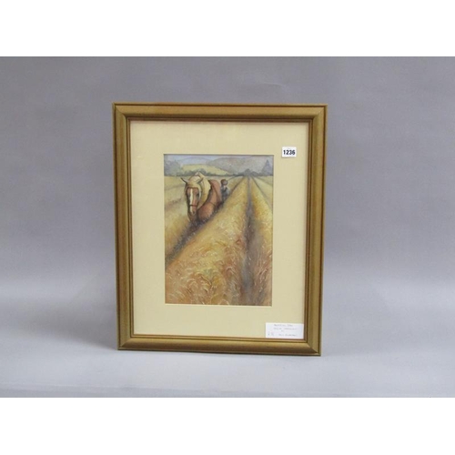 1236 - ERIN RICHARDSON - HARVESTING TEAM, SIGNED WATERCOLOUR, F/G, 35CM X 25CM