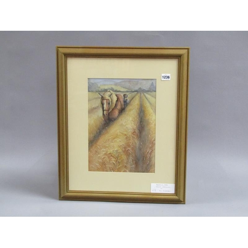 1236 - ERIN RICHARDSON - HARVESTING TEAM, SIGNED WATERCOLOUR, F/G, 35CM X 25CM