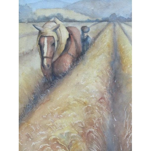 1236 - ERIN RICHARDSON - HARVESTING TEAM, SIGNED WATERCOLOUR, F/G, 35CM X 25CM