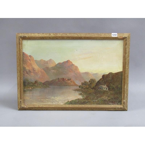 1242 - EF JAMIESON - COTTAGE IN A SCOTTISH LOCH, SIGNED OIL ON CANVAS, FRAMED, 40CM X 60CM