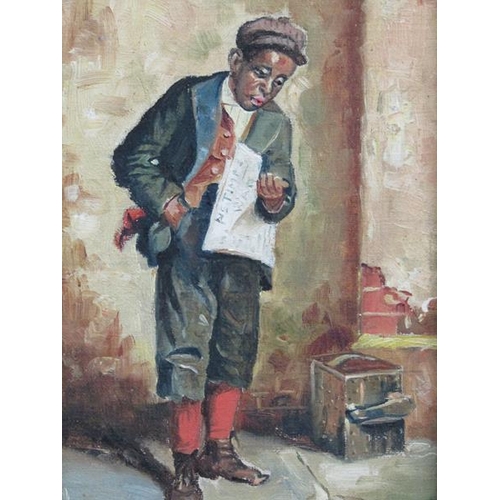 1244 - WILLIAM HUGHES 1910 - THE SHOE CLEANER, SIGNED AND DATED, OIL ON CANVAS, FRAMED, 20CM X 13CM