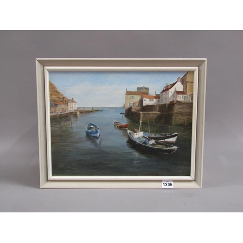 1246 - DAWN MARTIN - STAITHES, YORKSHIRE, SIGNED, OIL ON CANVAS, FRAMED, 29CM X 39CM