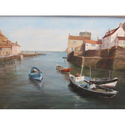 1246 - DAWN MARTIN - STAITHES, YORKSHIRE, SIGNED, OIL ON CANVAS, FRAMED, 29CM X 39CM