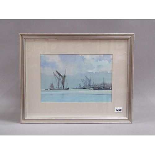 1250 - GORDAN HALES - A BUSY MOONLIT HARBOUR, SIGNED WATERCOLOUR, F/G, 21CM X 31CM