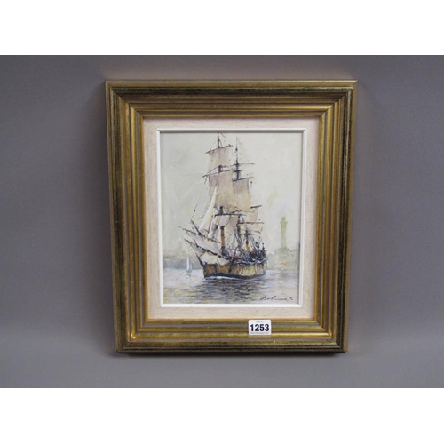 1253 - ALAN THOMPSON - THE ENDEAVOUR AT WHITBY 2002, SIGNED OIL ON BOARD, FRAMED, 24CM X 19CM