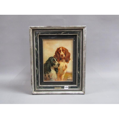 1254 - J BIRDEL - TWO SPRINGER SPANIELS, SIGNED, OIL ON PANEL, FRAMED, 32CM X 22CM