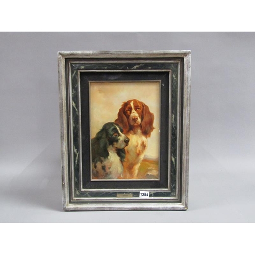 1254 - J BIRDEL - TWO SPRINGER SPANIELS, SIGNED, OIL ON PANEL, FRAMED, 32CM X 22CM