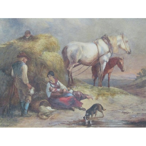 1258 - UNSIGNED 19C - A WELCOMED REST AT HARVEST TIME, WATERCOLOUR, F/G, 32CM X 40CM