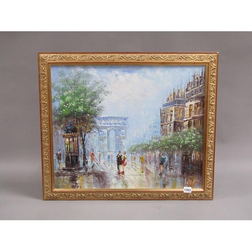 1263 - MARIE CHARLGTE, A PARISIAN STREET SCENE, SIGNED OIL ON BOARD. FRAMED 50 x 60 cms