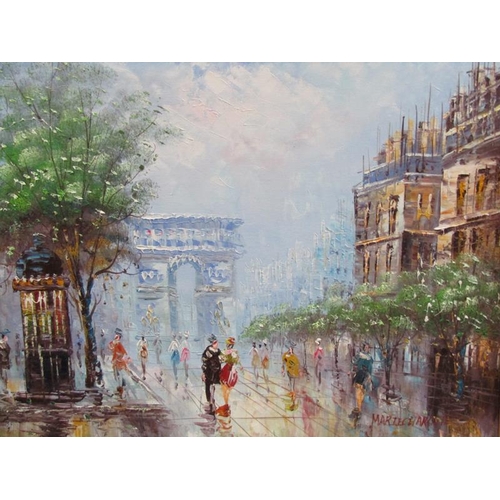 1263 - MARIE CHARLGTE, A PARISIAN STREET SCENE, SIGNED OIL ON BOARD. FRAMED 50 x 60 cms