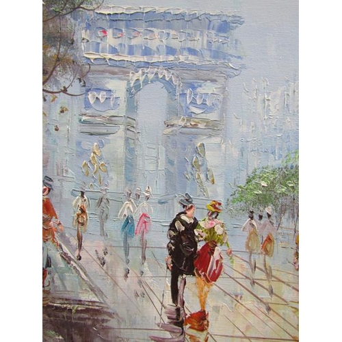 1263 - MARIE CHARLGTE, A PARISIAN STREET SCENE, SIGNED OIL ON BOARD. FRAMED 50 x 60 cms