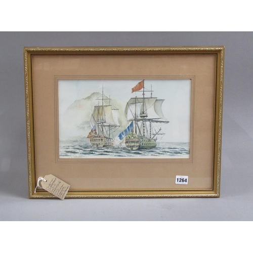 1264 - D E DAVIES, HMS CENTURION, ENGAGING THE CORONDORA, SIGNED WATERCOLOUR.  F/G 20 x 33 cms