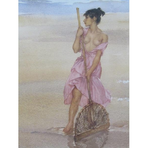 1265 - WILLIAM RUSSELL FLINT, LADY ON BEACH WITH SHRIMPING NET, LIMITED EDITION PRINT 343/650.  FRAMED 41 x... 