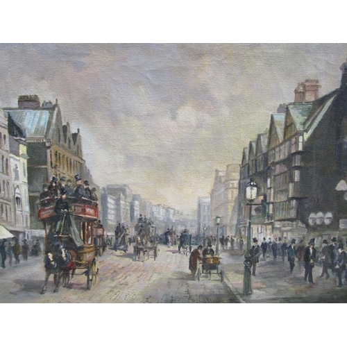 1268 - SIGNED INDISTINCTLY, LATE 19/EARLY 20c LONDON STREET SCENE, OIL ON BOARD.  FRAMED 40 x 50 cms