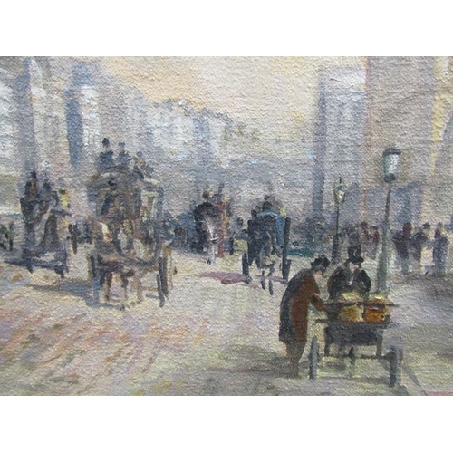 1268 - SIGNED INDISTINCTLY, LATE 19/EARLY 20c LONDON STREET SCENE, OIL ON BOARD.  FRAMED 40 x 50 cms